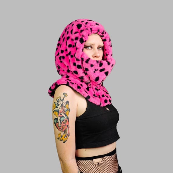 Faux Fur Hood Pink Leopard Snood Handmade Hooded Hat Spot Pattern
