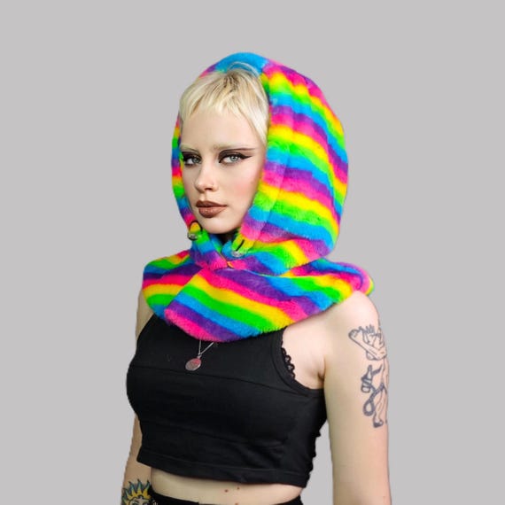 Faux Fur Hood Rainbow Snood Handmade Hooded Hat Unicorn  display picture 3