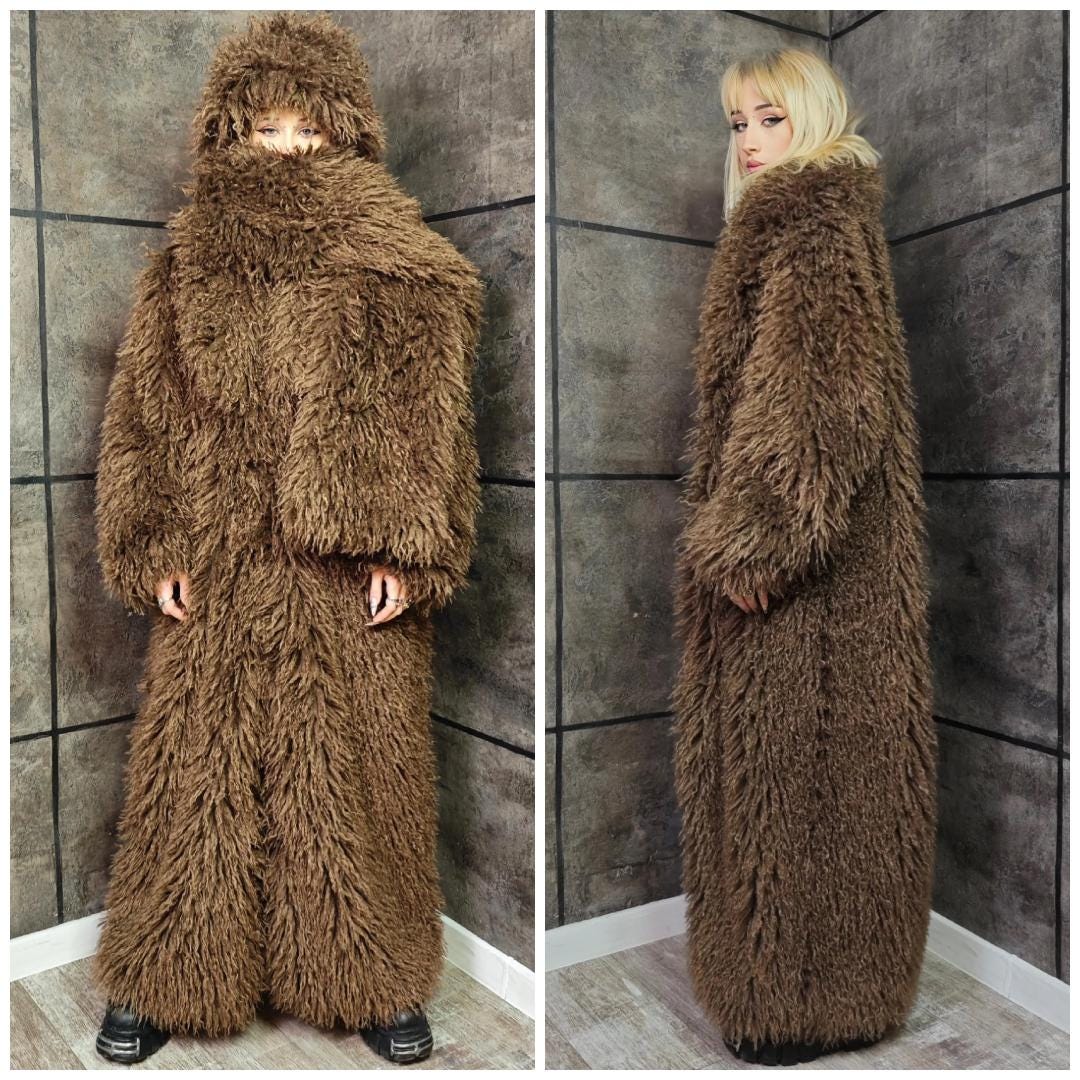 Brown Shaggy Faux Fur Duster, Floor Length Alpaca Style Yeti Coat