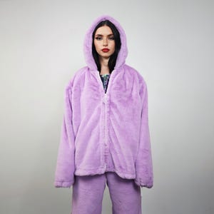 Faux fur hooded coat lilac soft fleece hoodie luxury fluffy jacket detachable sleeves handmade solid color party overcoat fuzzy festival set