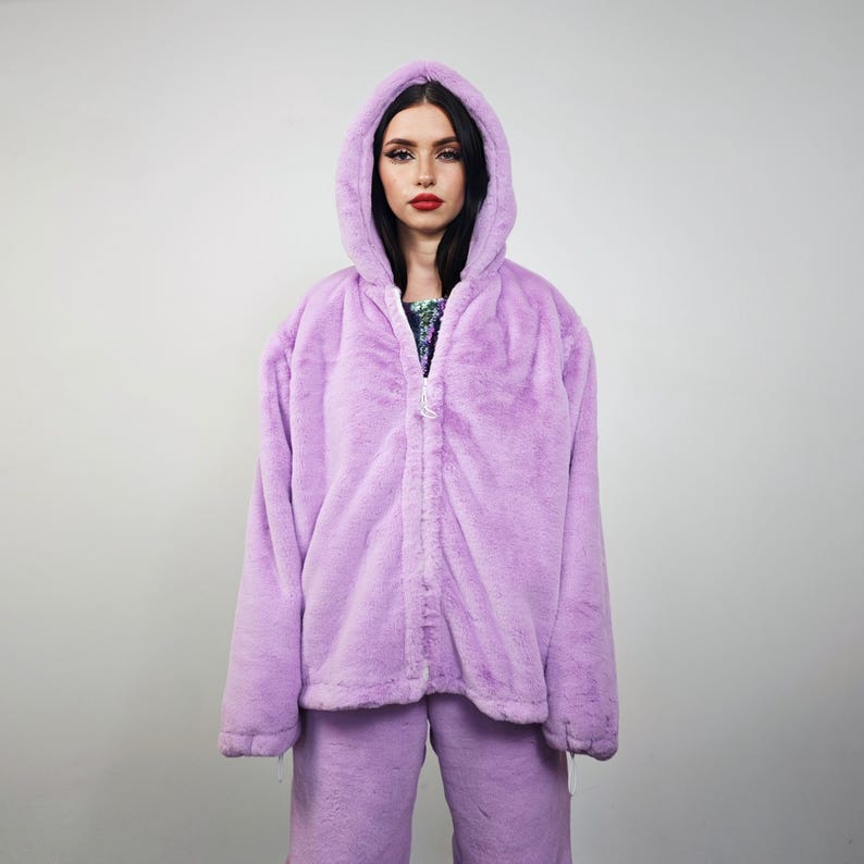 Faux fur hooded coat lilac soft fleece hoodie luxury fluffy jacket detachable sleeves handmade solid color party overcoat fuzzy festival set