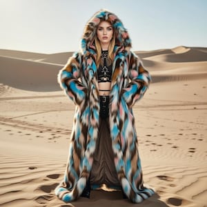 May include: A long, hooded faux fur coat in a vibrant pattern of blue, pink, brown, and white. The coat is open, showing a black top and belt. The background is a desert scene with sand dunes.