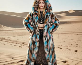 Manteau en fausse fourrure psychédélique, cape longue à capuche à chevrons bleus – Veste shag glamour pour festivals et plages