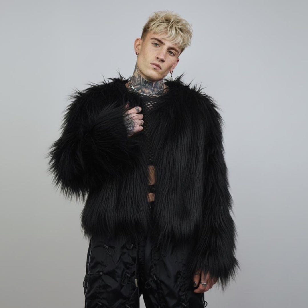Black Shaggy Faux Fur Coat, Collarless Cropped Rave Jacket, Industrial ...