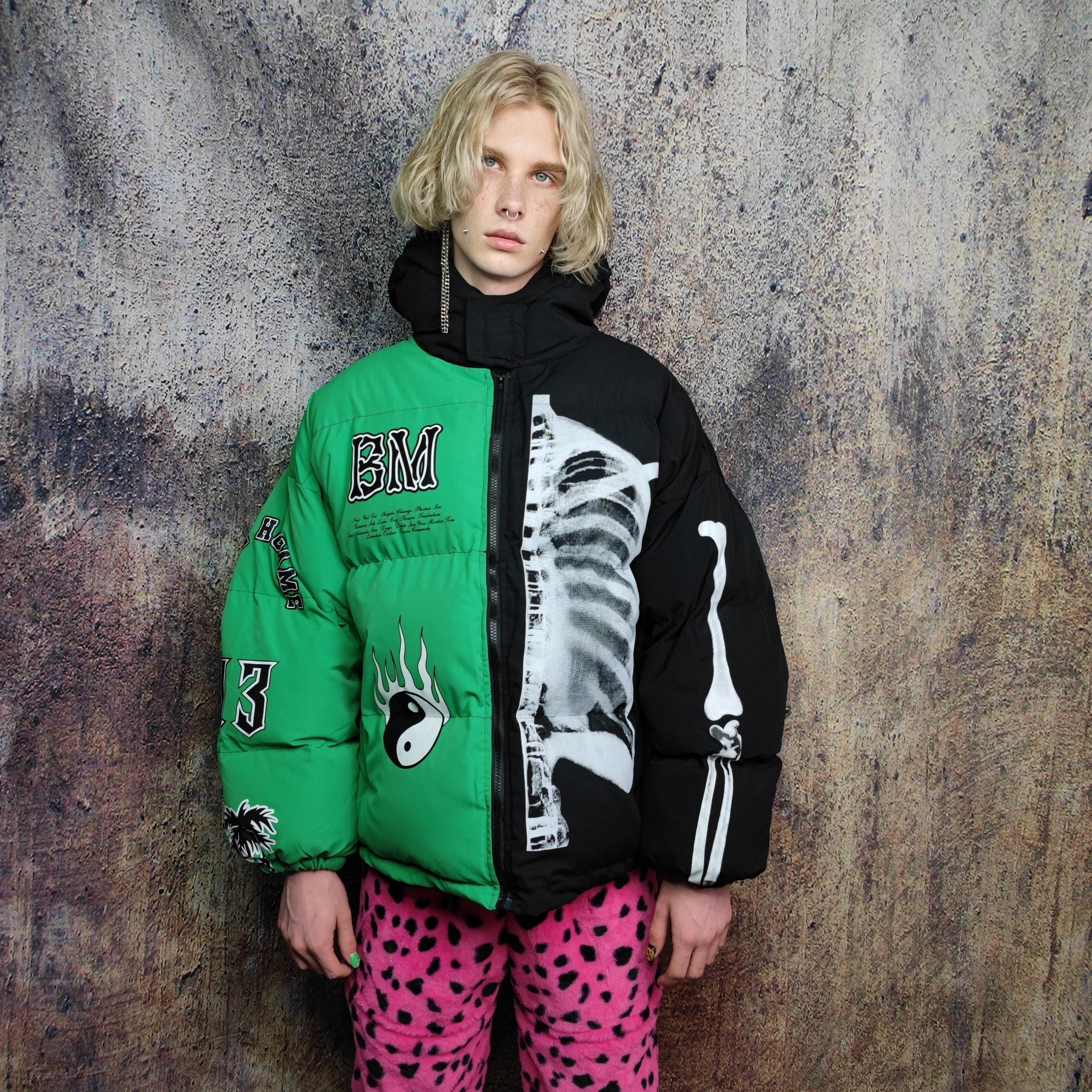 Skeleton Split Color Puffer Jacket, Grunge Bones Varsity Bomber