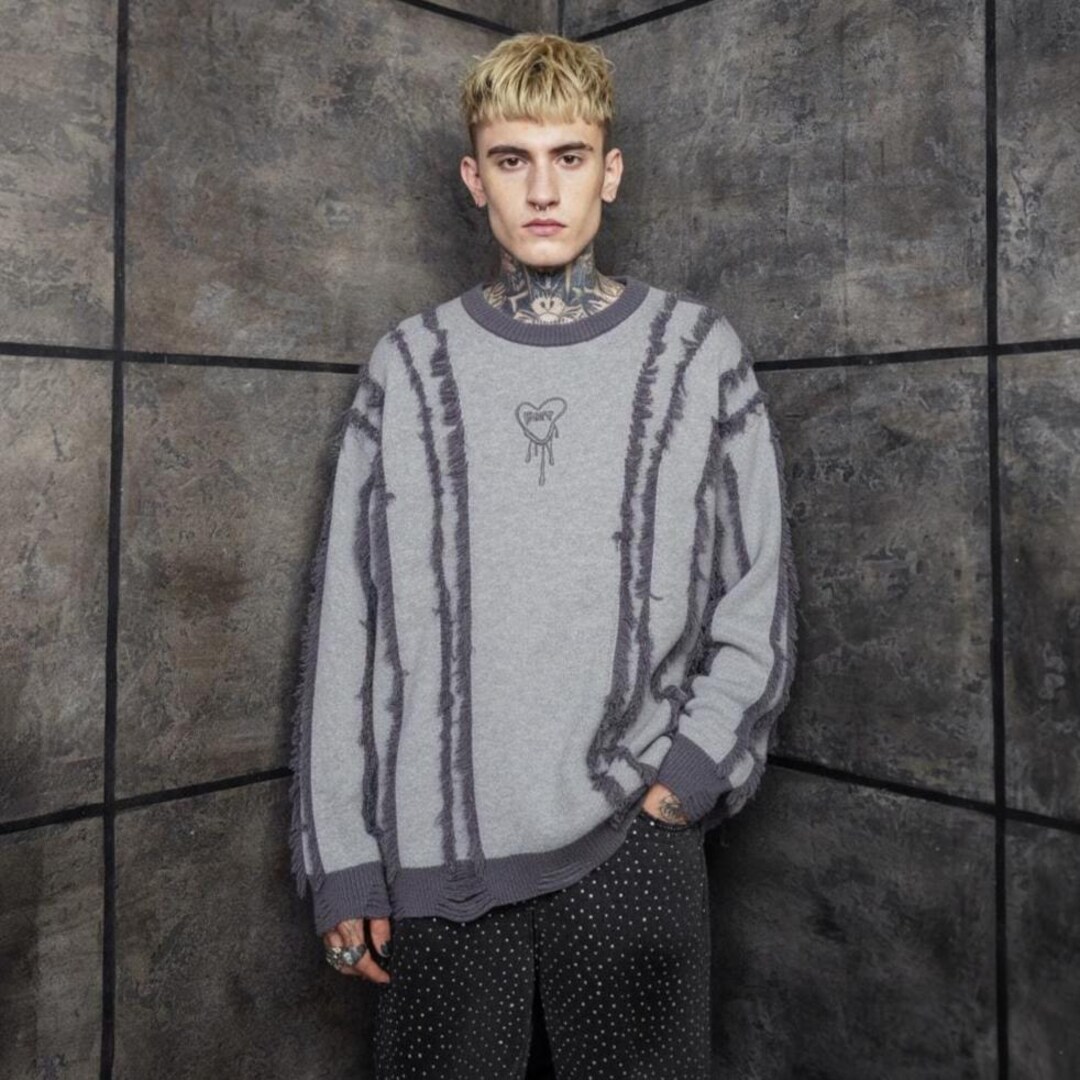 Grey Shredded Raw Seam Sweater, Distressed Concrete Grunge Jumper