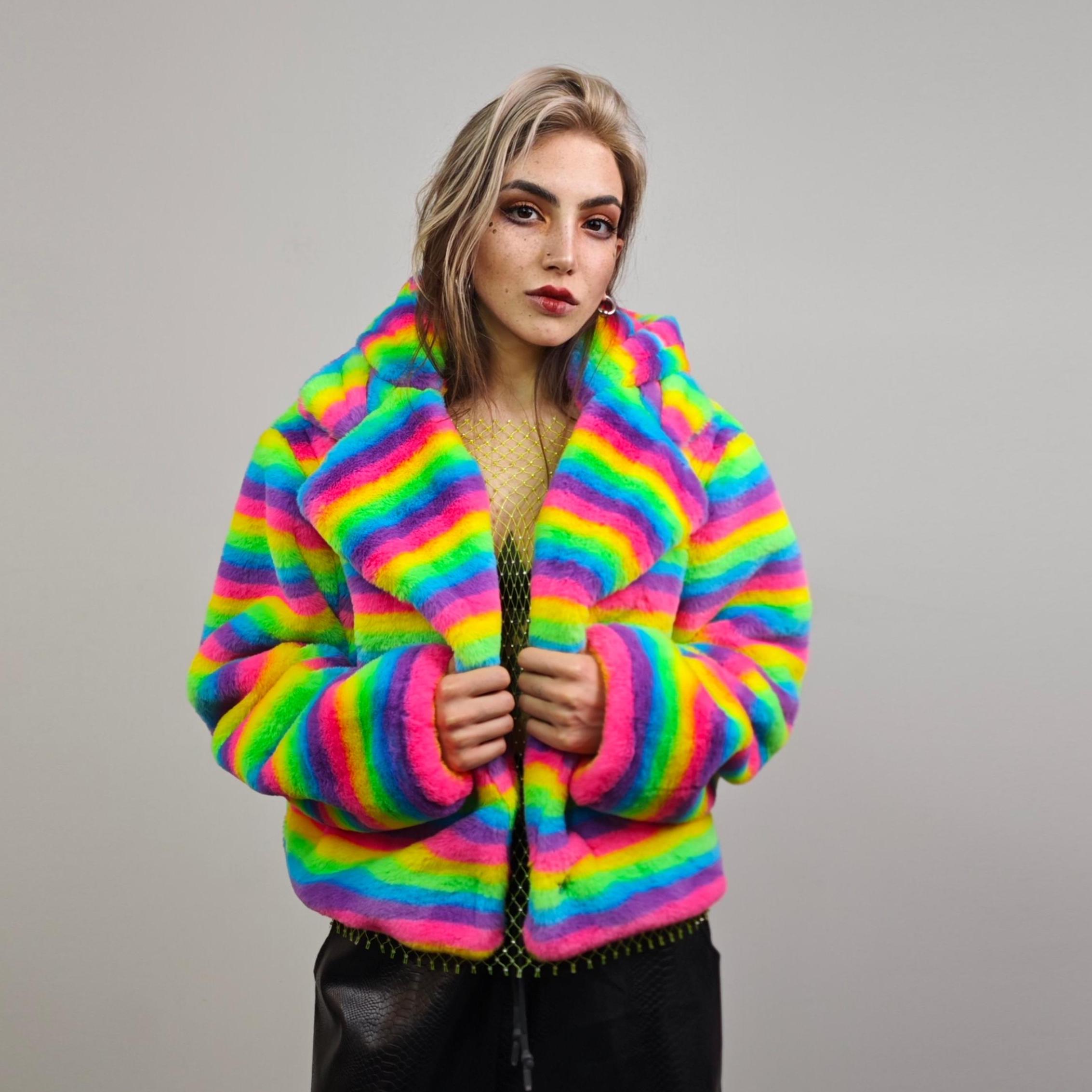 Rainbow Hooded Coat Unicorn Fleece Striped Gay Jacket Short LGBT
