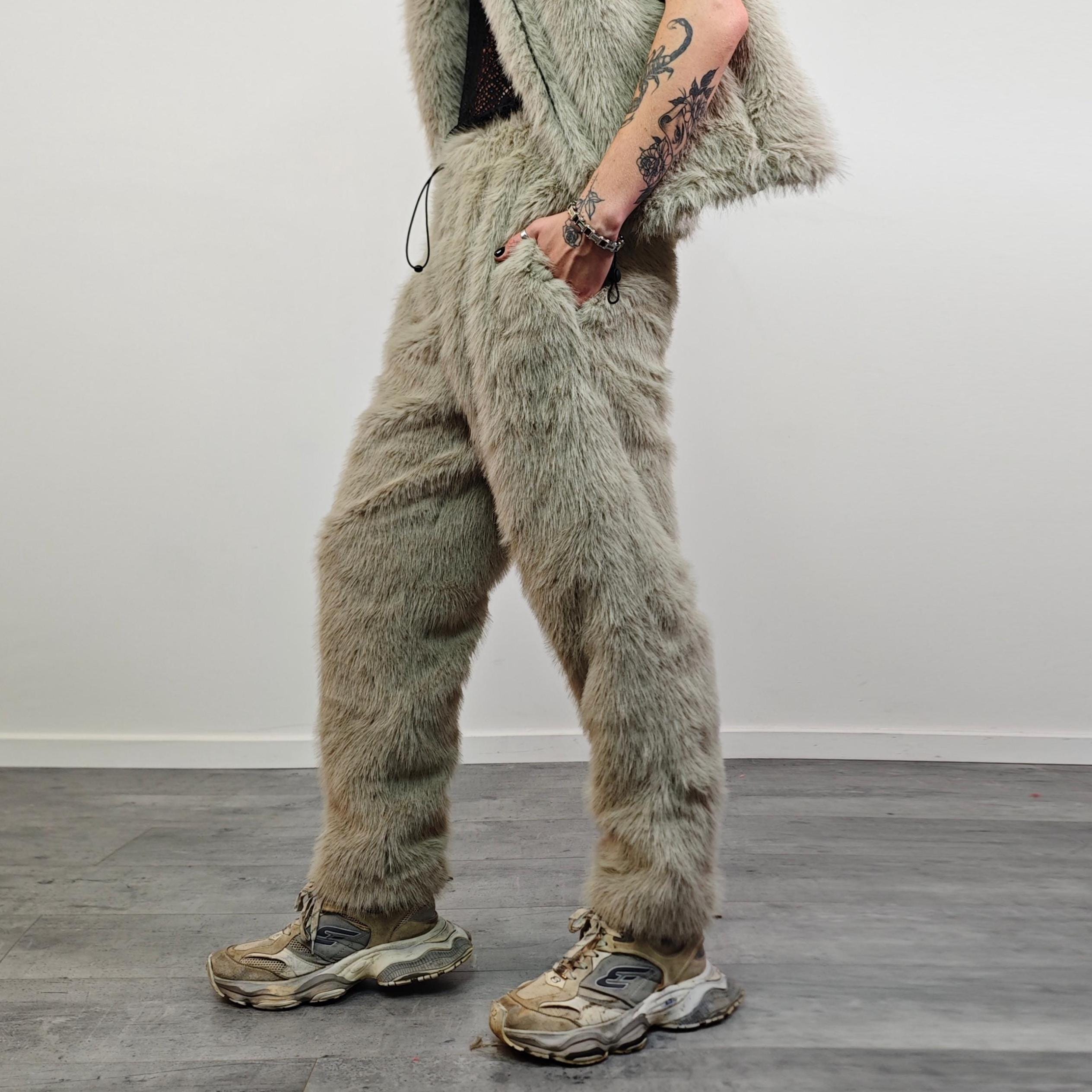 Gray Faux Fur Joggers Ski Pants Shaggy Trousers Mountain