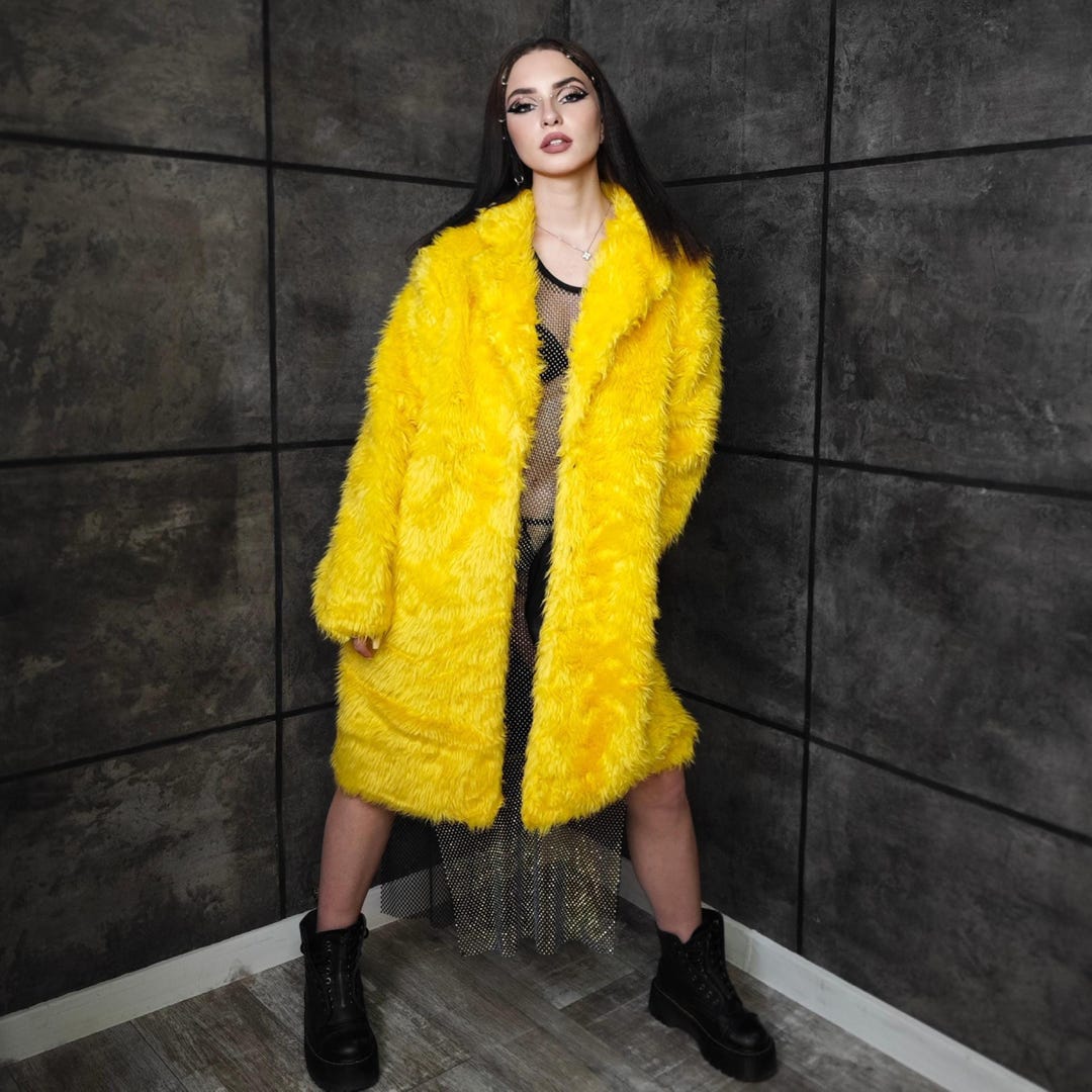 Acid Yellow Faux Fur Trench, Wet Look Shaggy Coat, Neon Y2K Rave