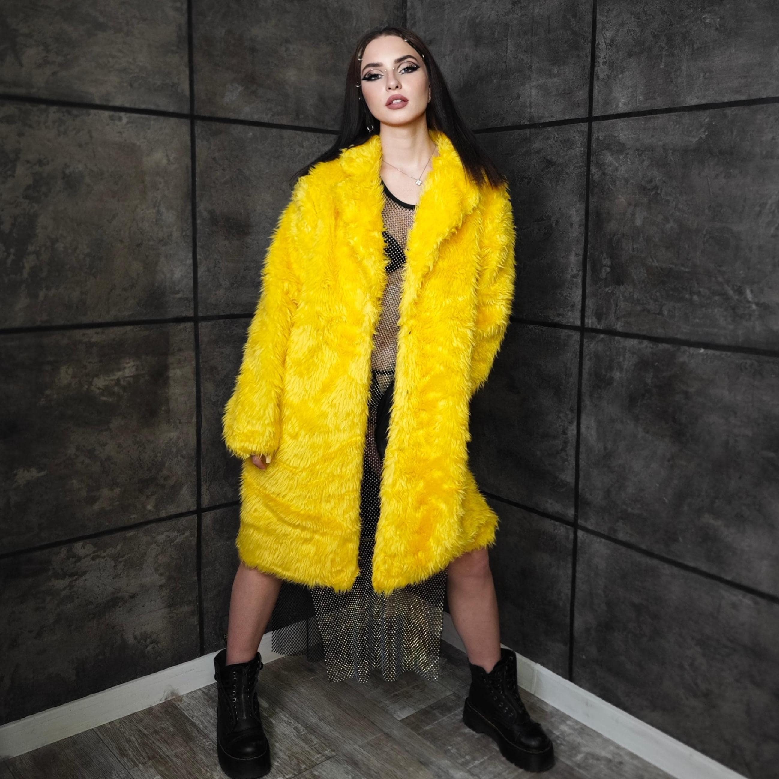 Acid Yellow Faux Fur Trench, Wet Look Shaggy Coat, Neon Y2K Rave