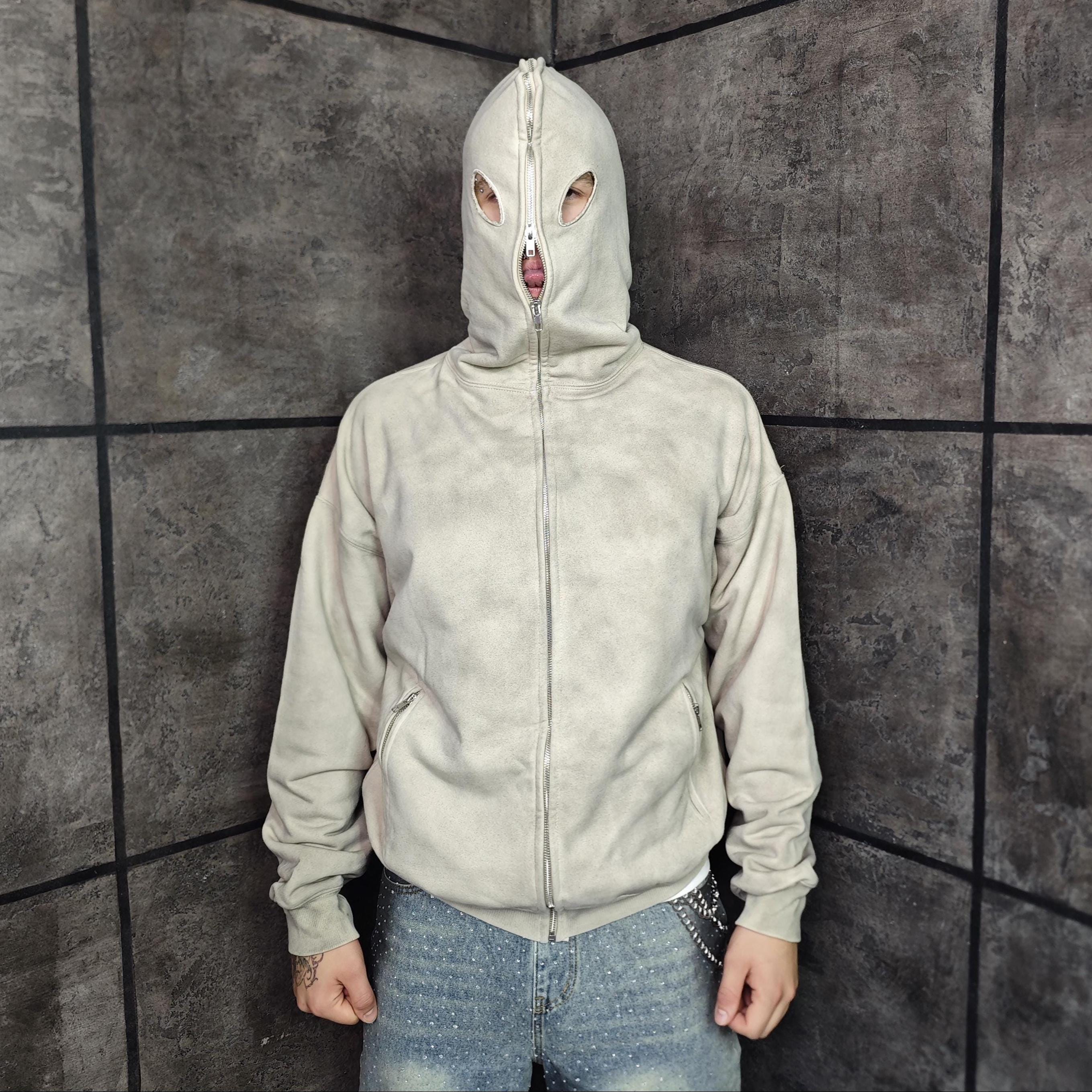 Balaclava Hoodie, Oversize Oil Wash Zip-up Jacket, Distressed