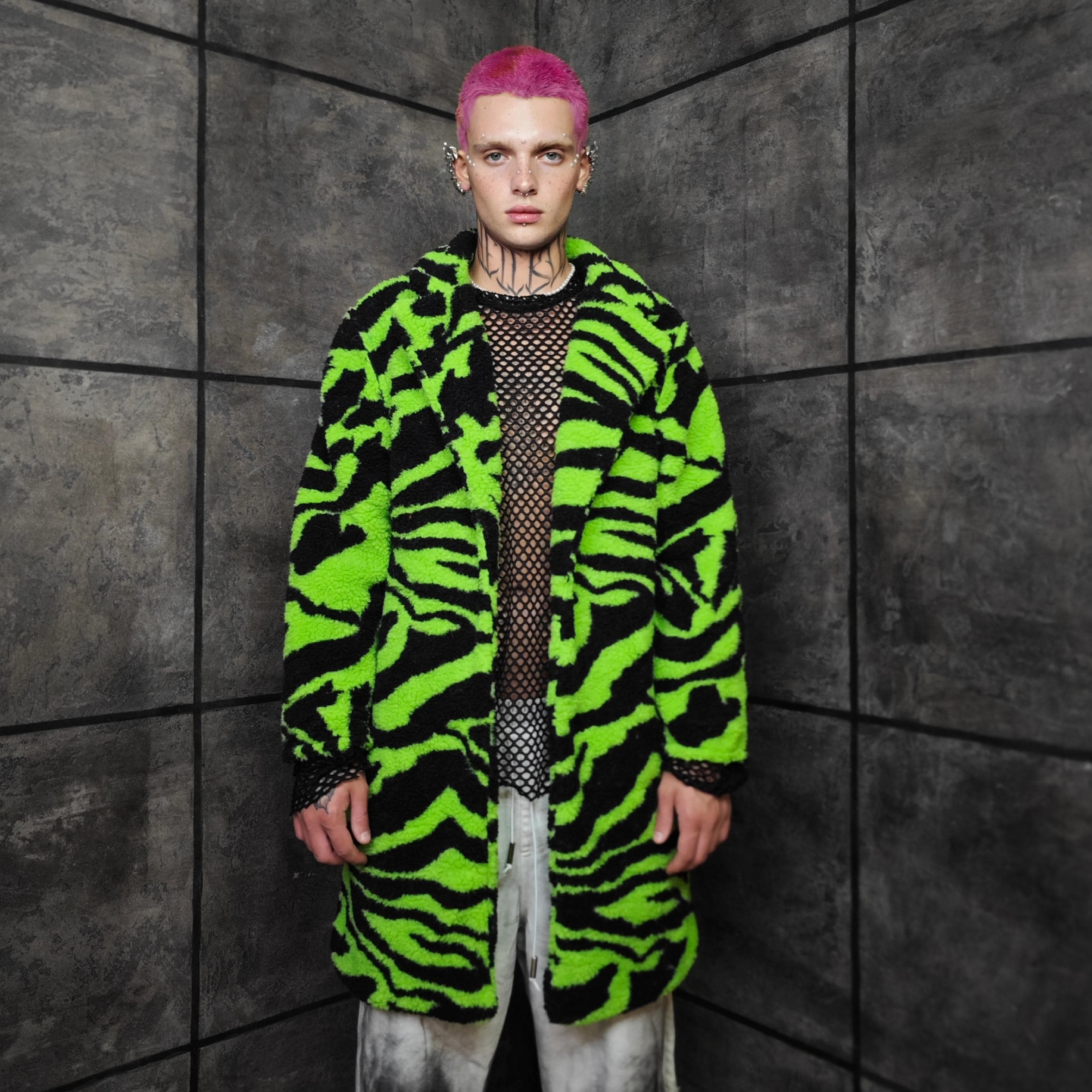 Acid Green Zebra Teddy Fleece Coat, Custom Made Rave Statement