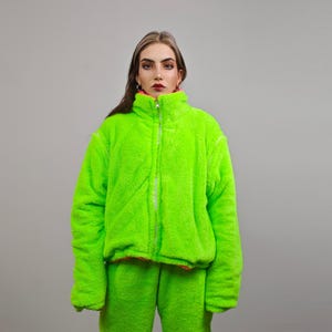 Neon Green Fleece Rave Jacket Reversible Fluorescent Hooded Party ...