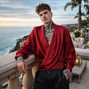 May include: A bright red wrap top with long sleeves. The top is made of a silky material and is paired with black leather trousers. The outfit is worn outdoors with a scenic ocean view in the background.