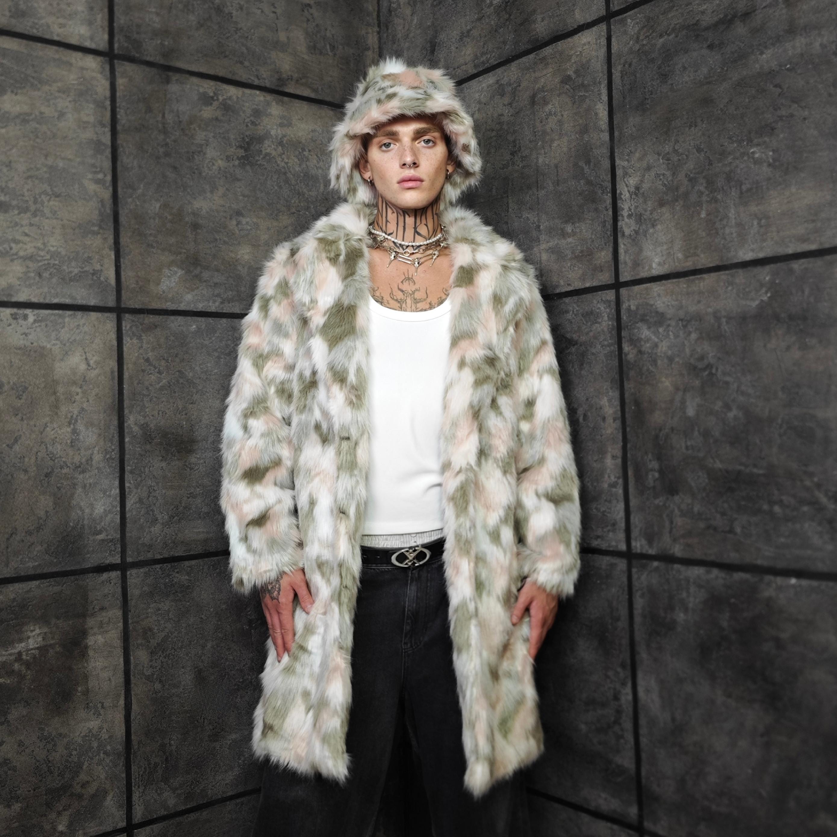 Camouflage Furry Jacket, Unisex Festival Coat, Green Pink Camo