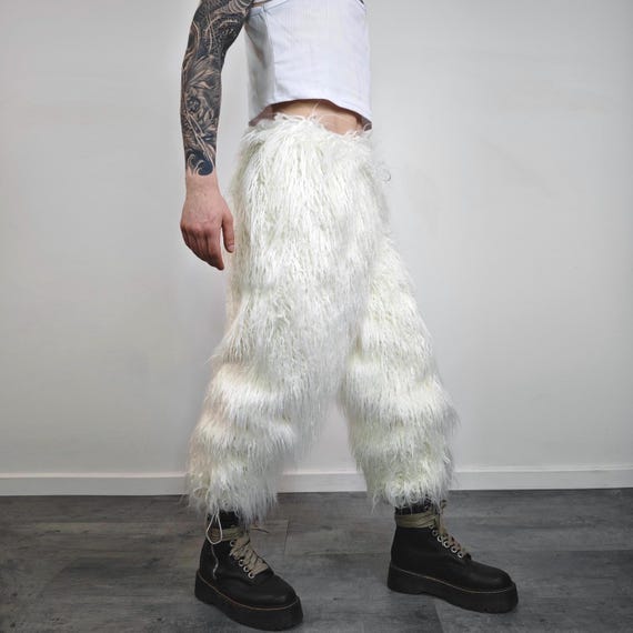 Shaggy Festival Joggers White Fuzzy Trousers Faux Fur Shorts Rave
