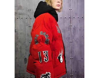 Skeleton Split Color Puffer Jacket, Grunge Bones Varsity Bomber