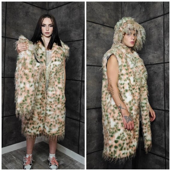 Green Pink Leopard Faux Fur Hoodie, Shaggy Animal Print Jacket