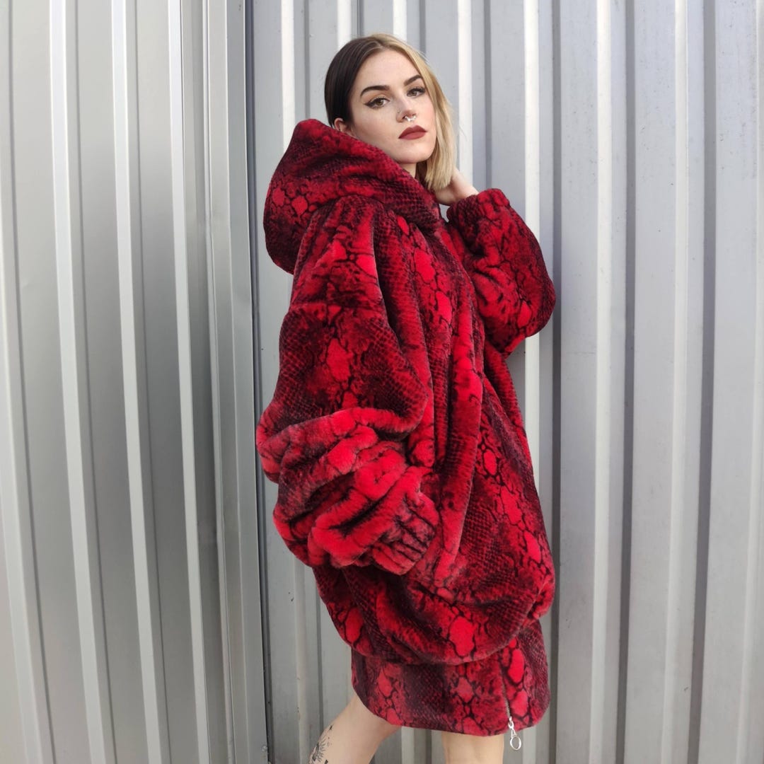 Red Snake Hoodie Faux Fur Jacket Shaggy Python Bomber 00s