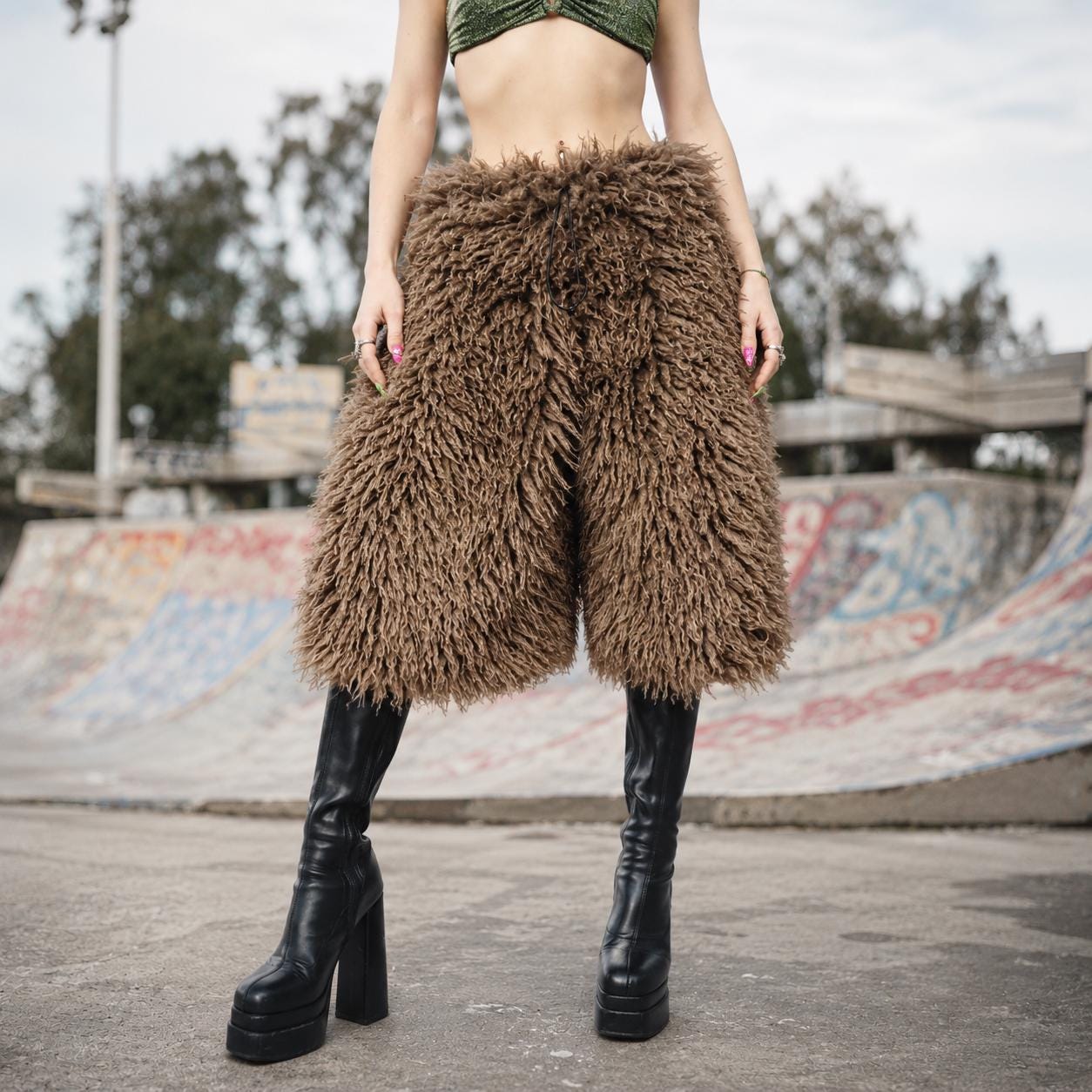 Brown Shaggy Fur Shorts, Unisex Nomad Festival Bottoms, Caveman
