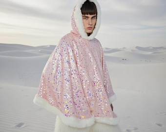 Różowy pelerynowy ponczo z kapturem i cekinami, pulower z wykończeniem ze sztucznego futra, top na festiwalowy rave, błyszcząca warstwa oversize