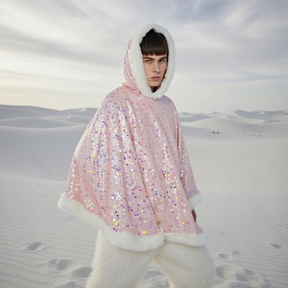 Pink Sequin Hooded Poncho Cape, Faux Fur Trim Pullover, Festival