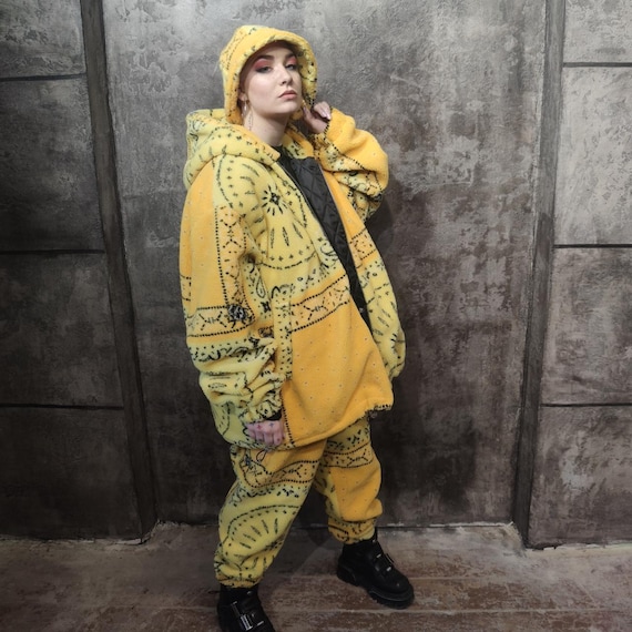 Bandana Hoodie Yellow Fleece Paisley Jacket Detachable Sleeves