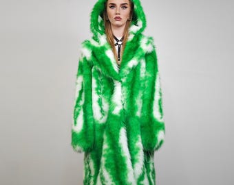 Neon Green Hooded Faux Fur Coat, Tie Dye Shaggy Jacket, Acid Rave Festival Outerwear, Abstract Pattern Trench, Unisex Grunge Outfit