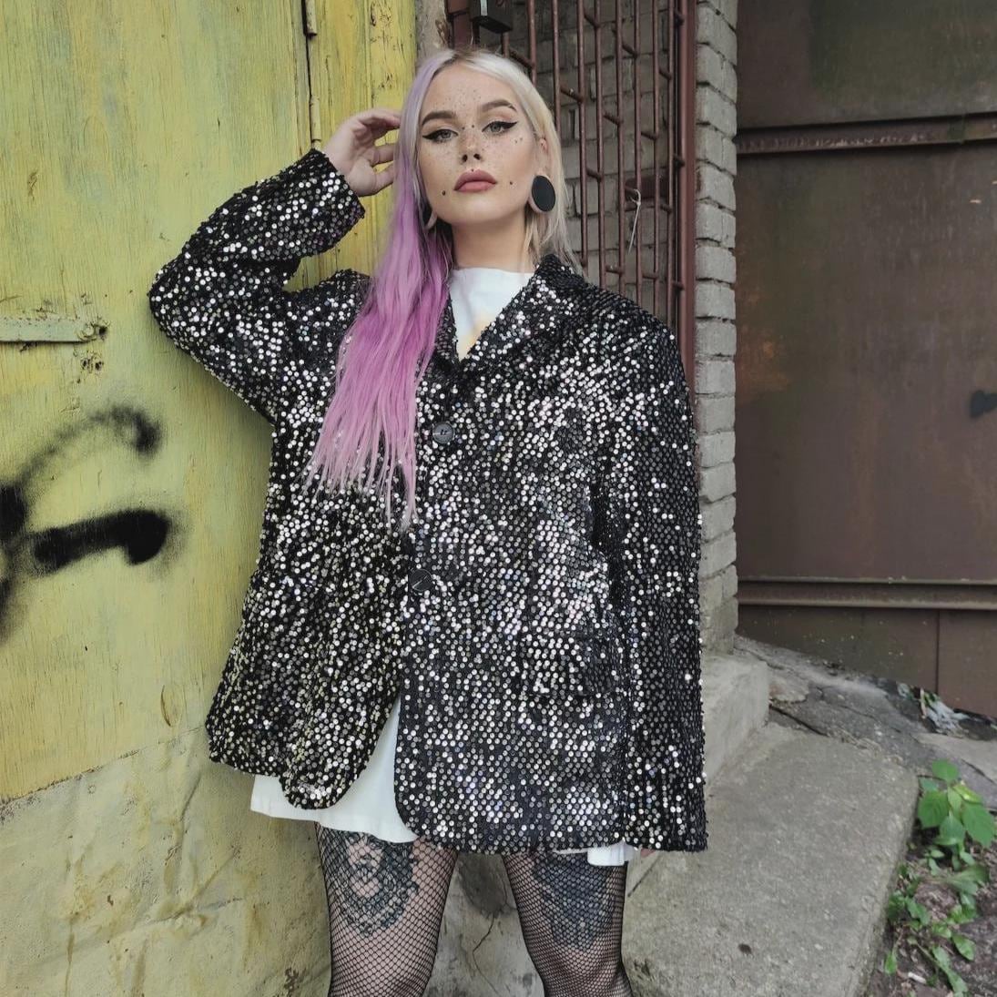 Silver Sequin Blazer, Metallic Jacket, Luminous Sparkle Bomber