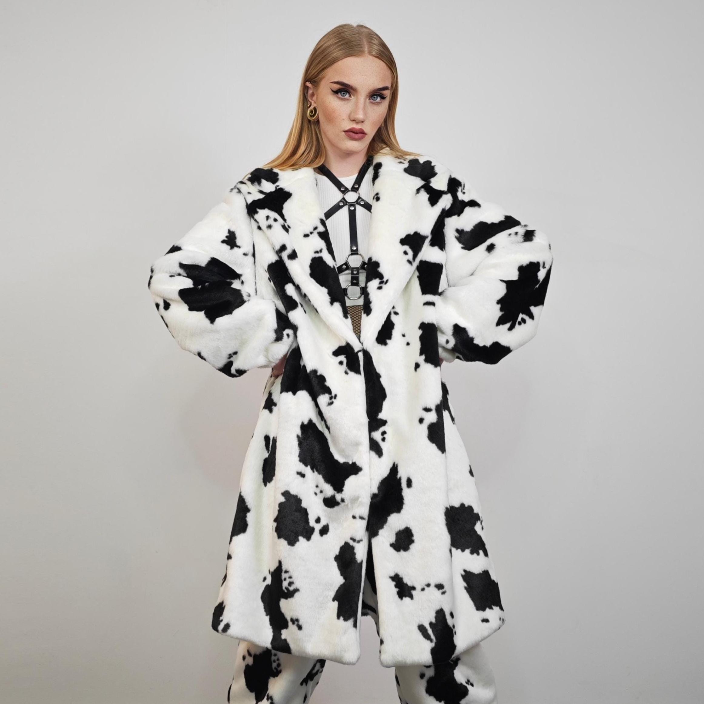 Cow Print Faux Fur Trench Coat, Structured Collar Mod Overcoat