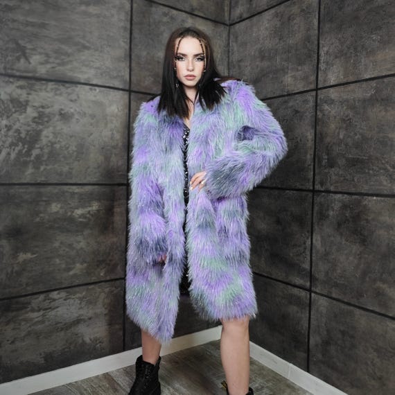 Shaggy Glitter Faux Fur Coat Tie Dye Tinsel Trench Purple Green