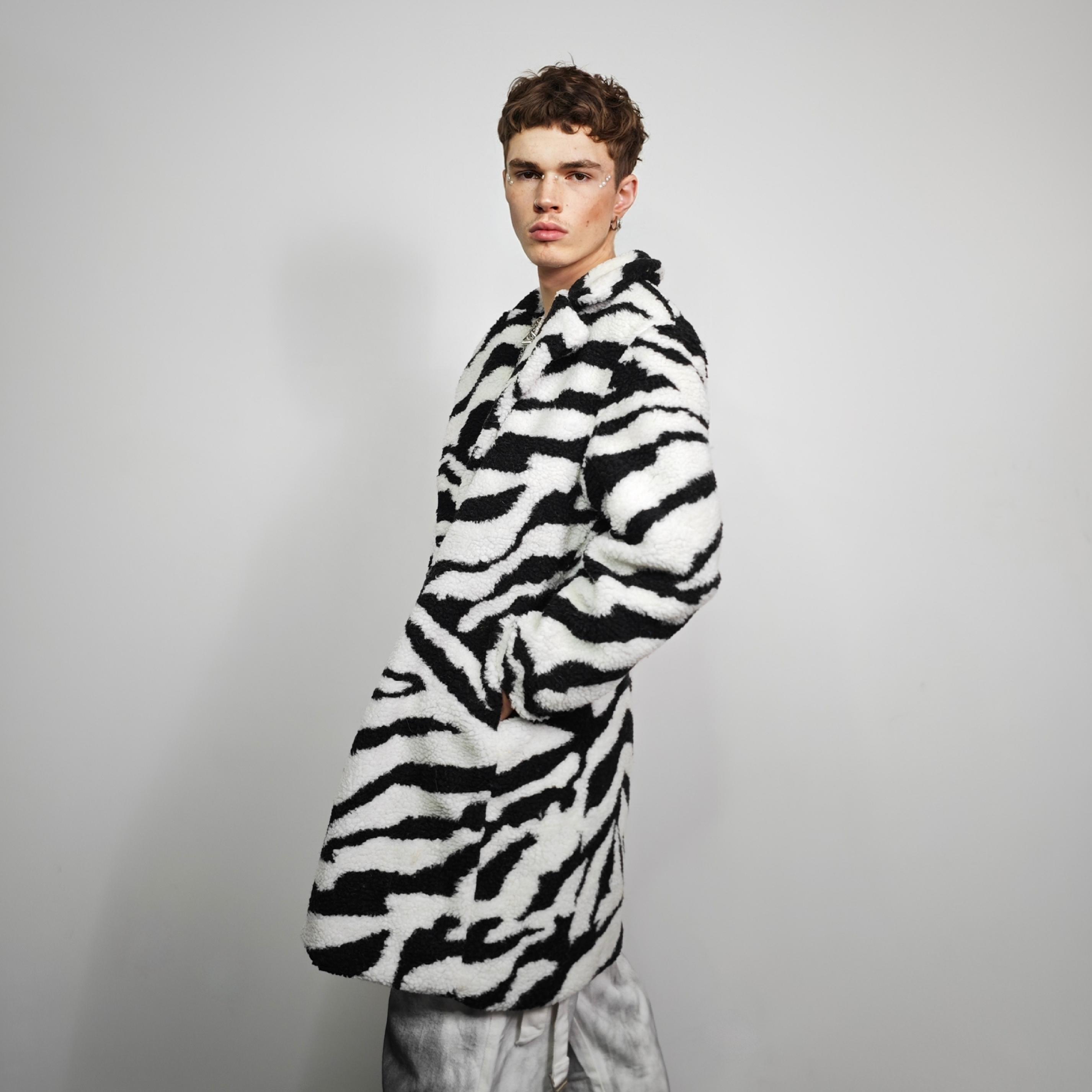 Teddy Fleece Zebra Striped Coat, Black White Animal Print Trench