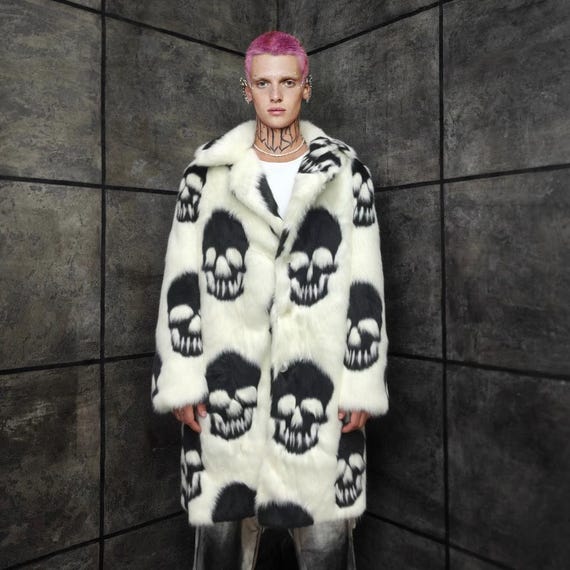 NOTRE émor 　wave silhouette fluffy coat Skull Faux Fur Coat, Unisex Black White Gothic Trench, Punk Rocker