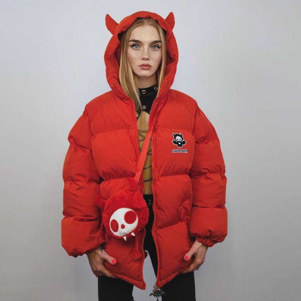 Devil Wings Jacket Red Horn Hooded Bomber Retro Anime Puffer