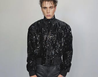 Black Sequin Bomber Jacket, Short Embellished Varsity Jacket, Gloss Glitter Party Coat, High Fashion Cropped Blazer