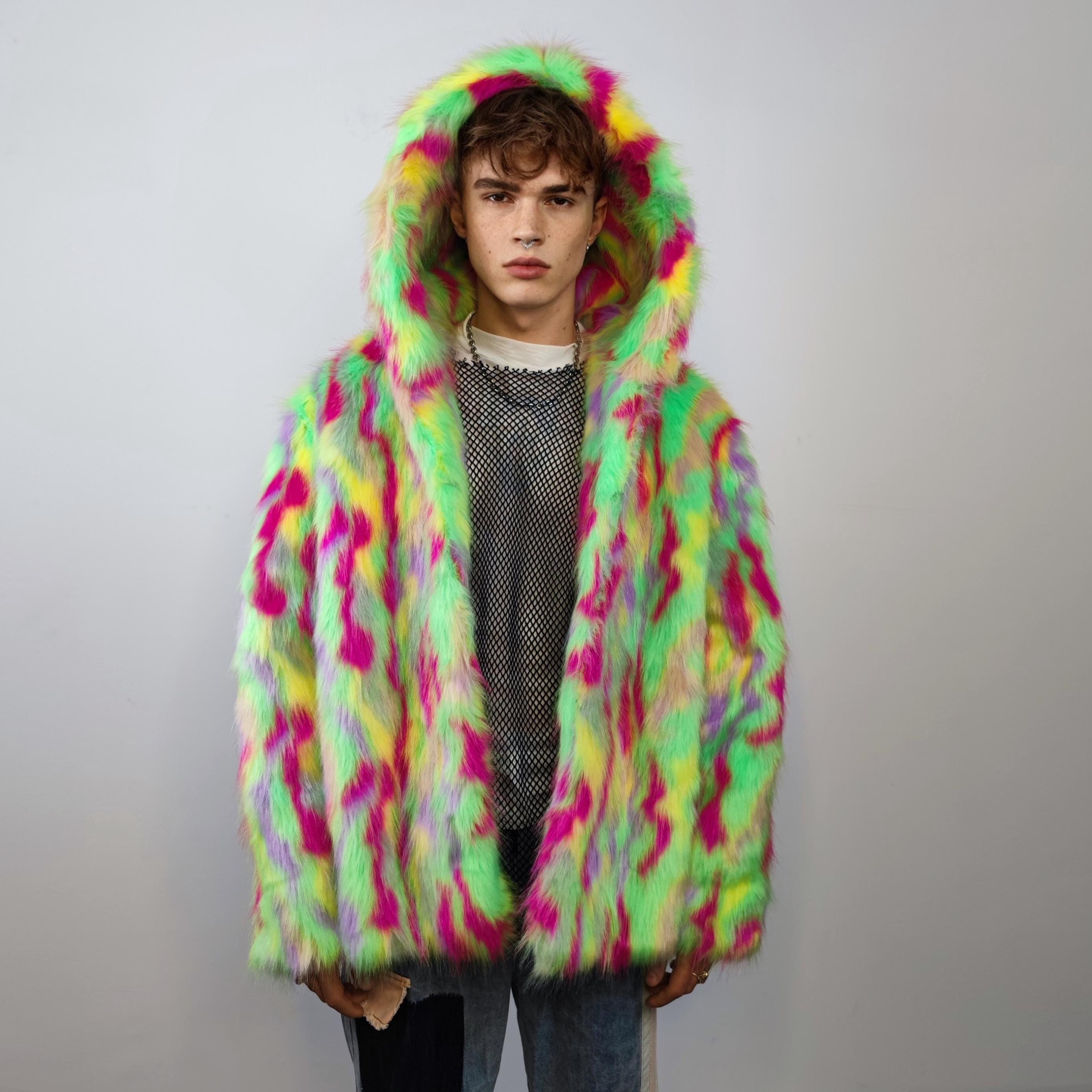 Cropped Coat Red Pink Faux Fur Striped Trench Short Playa Festival