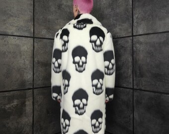 Skull Faux Fur Coat, Unisex Black White Gothic Trench, Punk Rocker