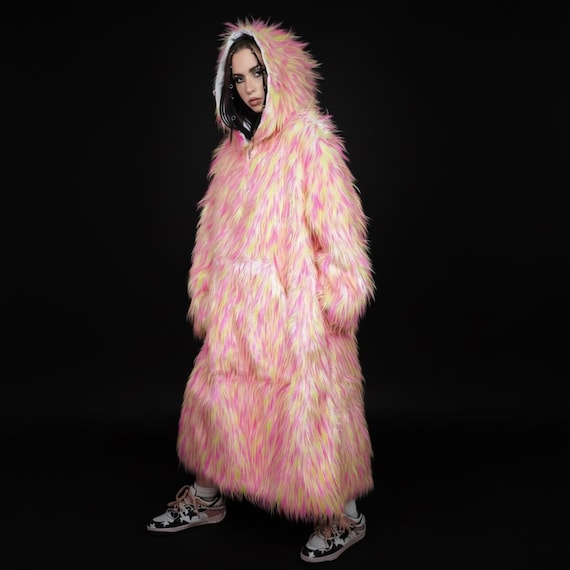 Shaggy Pink Yellow Faux Fur Jumpsuit Oversize Hooded Coat, Fluffy