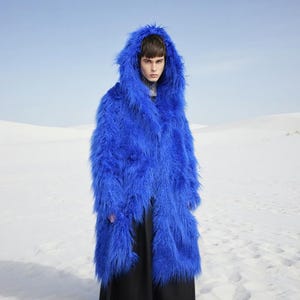 Può includere: Una persona indossa un cappotto di pelliccia sintetica blu vibrante e peloso con un grande cappuccio. Il cappotto è lungo, arriva alle caviglie, e contrasta con l'indumento nero sottostante. Lo sfondo è un paesaggio innevato sotto un cielo limpido.