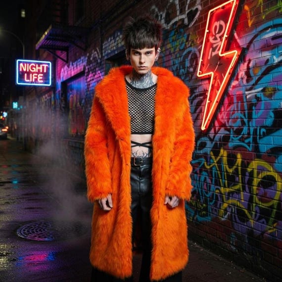 Faux Fur Trench Coat, Burnt Orange Jacket, Oversized Long