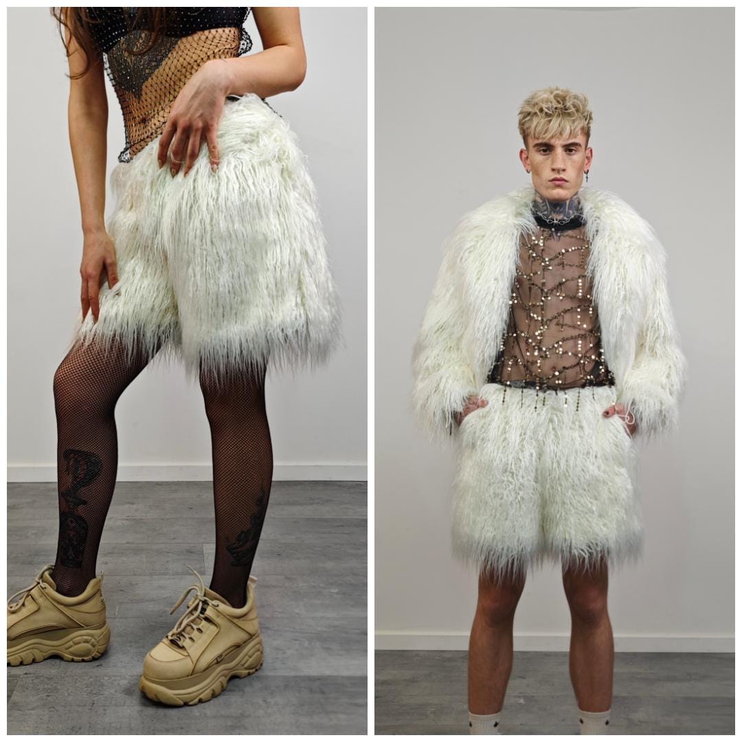 Shaggy Festival Joggers White Fuzzy Trousers Faux Fur Shorts Rave
