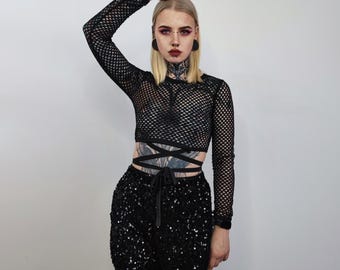 Svarta paljettshorts, glitterbyxor, glittriga joggingbyxor, festbyxor med resår i midjan, glamrock-utsmyckade mörka metallbyxor