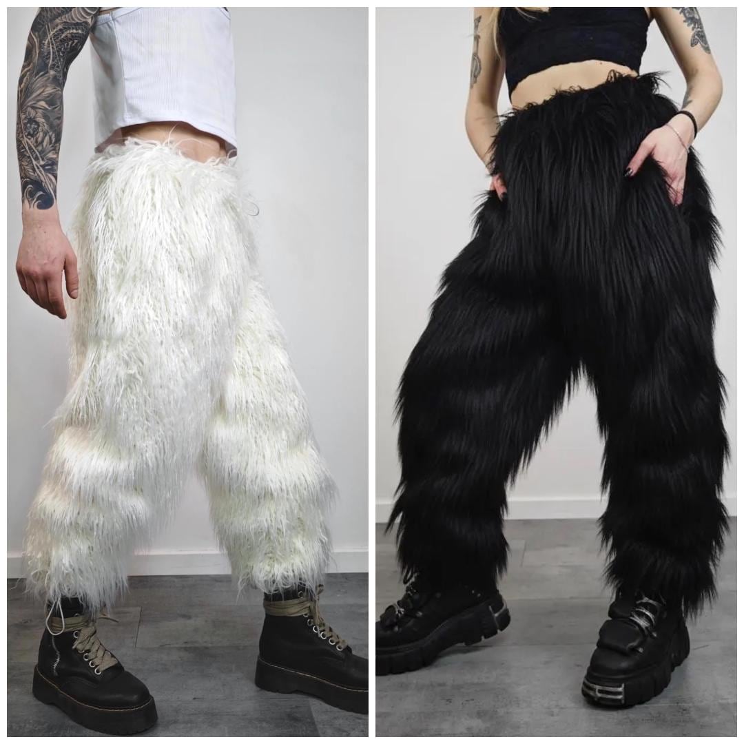 Brown Faux Fur Shaggy Trousers, Unisex Statement Pants, Cozy