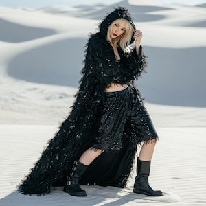 Hooded Black Maxi Duster Jacket, Sequin Fringe Coat, Festival Rave Outfit, Goth Glam Party Outerwear