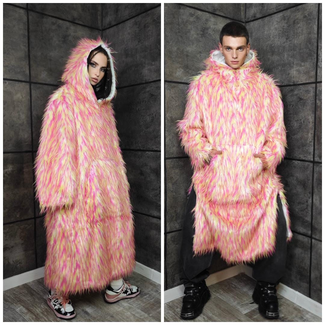 ジャケット・アウター NOTREemor wave silhouette fluffy coat Neon Leopard Faux Fur Jumpsuit Oversized Hooded Burner Coat Green