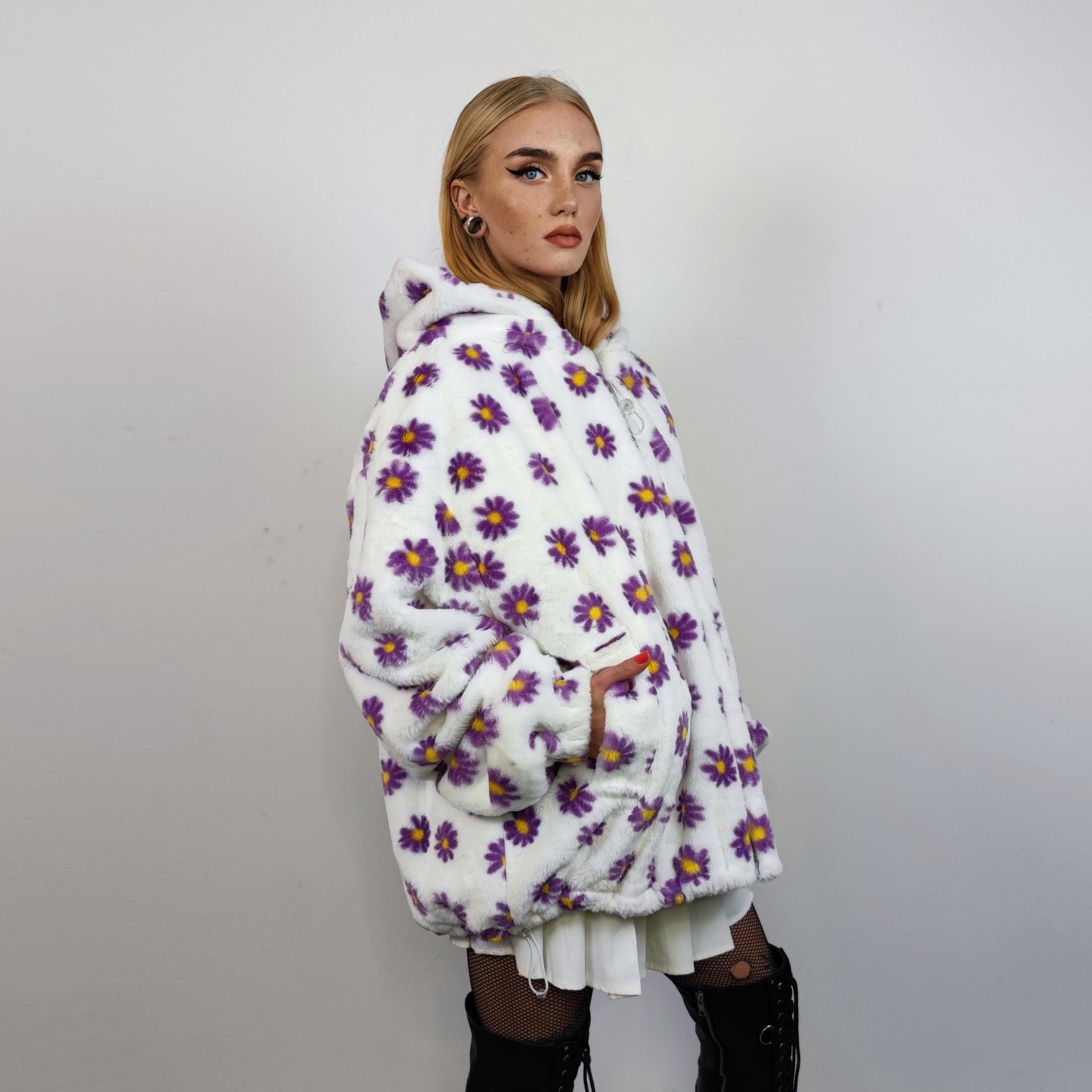 Floral Fleece Jacket White Daisy Print Bomber Fluffy Sunflower