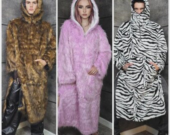 Extreme Black Faux Fur Coat Long Fluffy Half Zip Gothic Overcoat