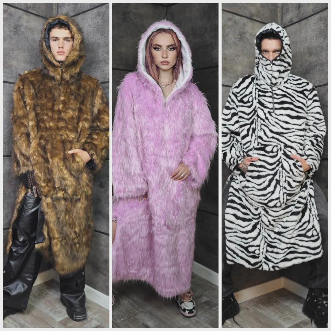 Extreme Black Faux Fur Coat Long Fluffy Half Zip Gothic Overcoat