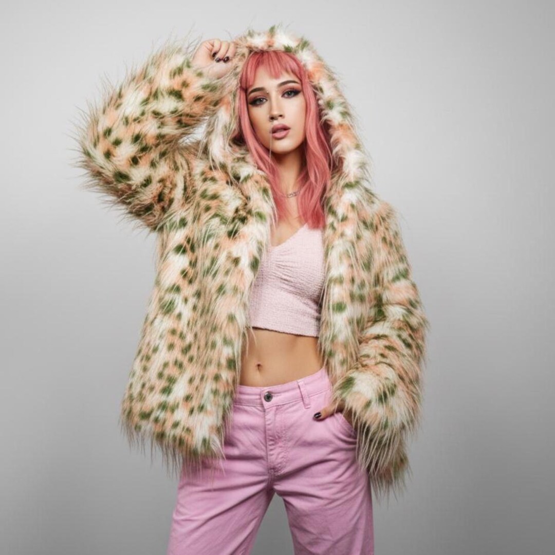 Green Pink Leopard Faux Fur Hoodie, Shaggy Animal Print Jacket