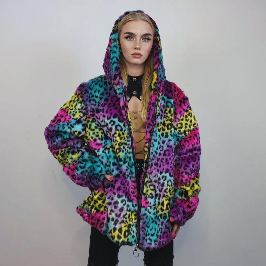 Rainbow Leopard Fur Jacket, Hooded Animal Print Coat, Psychedelic